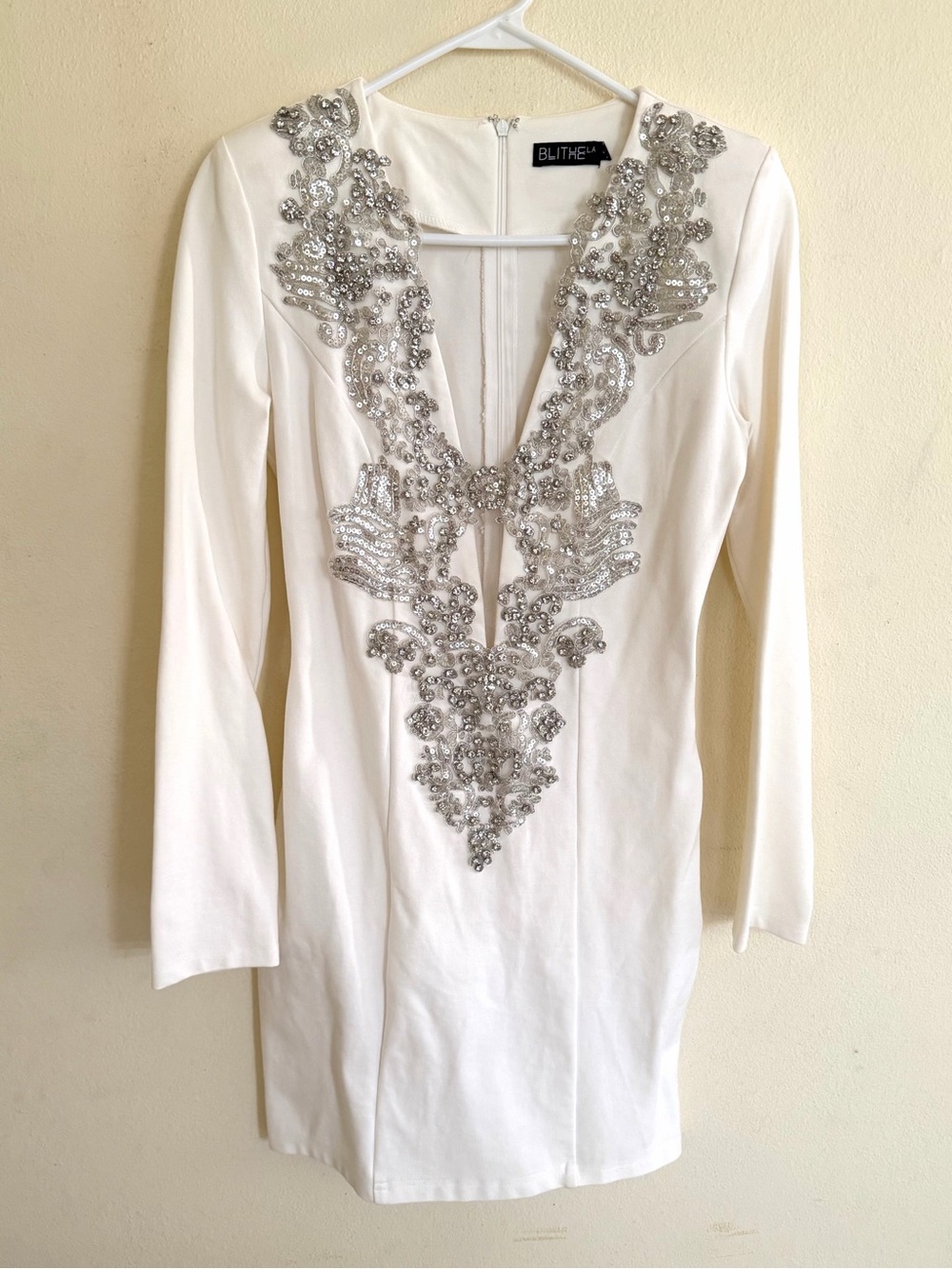 BLITHE White Long-Sleeve Mini Dress with Silver Embellishment
